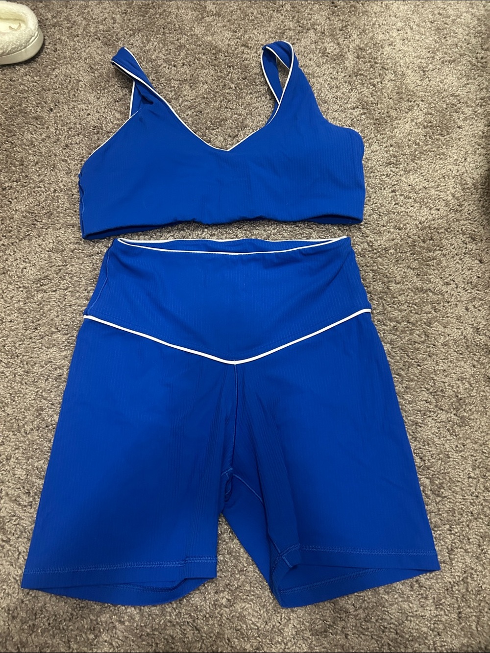Blue Ribbed Active Crop Top and Biker Shorts Set